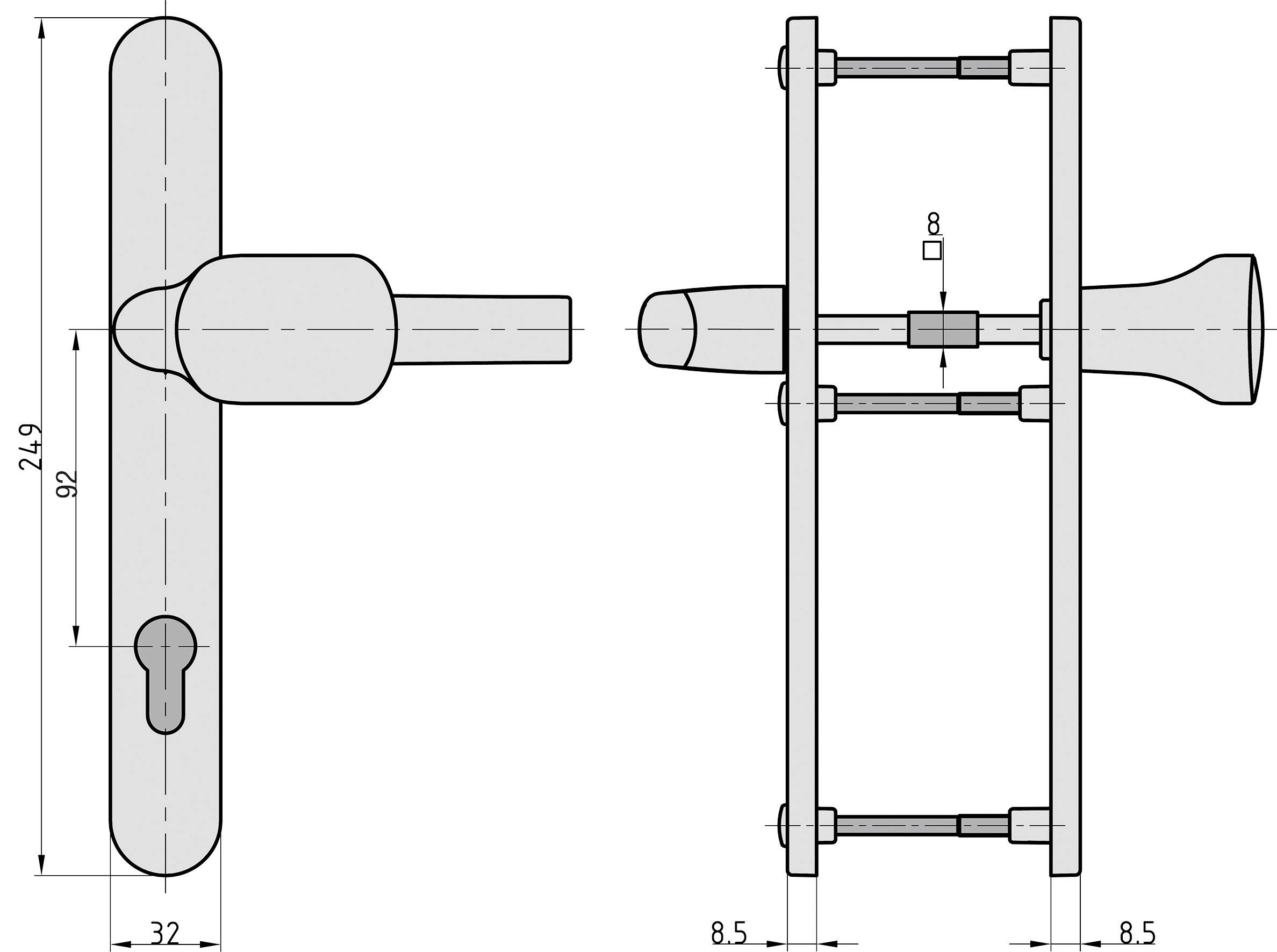 Technische Zeichnung eines Türgriffs mit Schlüsselloch. Zeigt Ansichten von der Seite und von vorne mit Maßen in Millimetern.