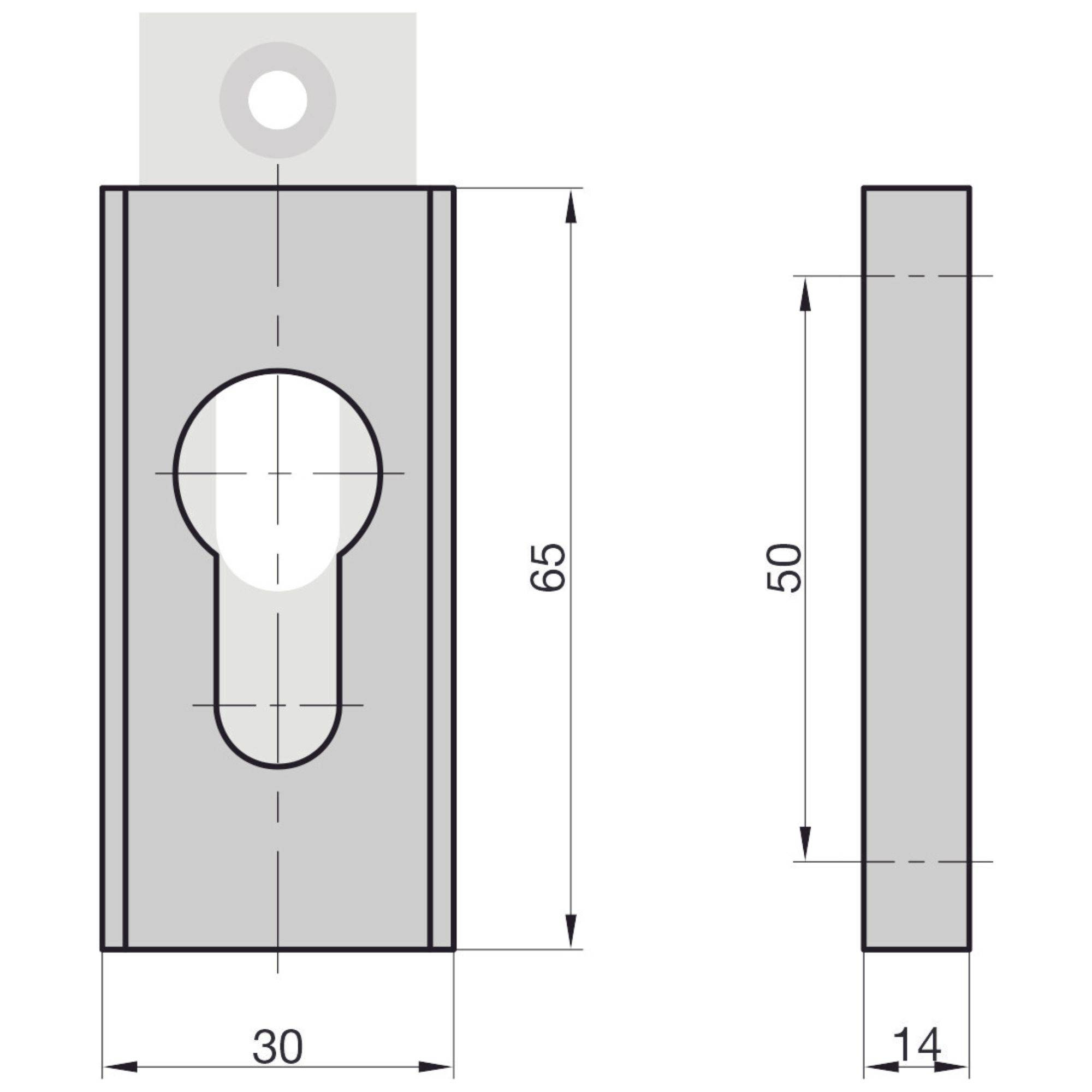 Technische Zeichnung eines rechteckigen Beschlags mit Maßen: 65 mm Höhe, 30 mm Breite, 14 mm Tiefe, und einem zentralen Schlüsselloch.