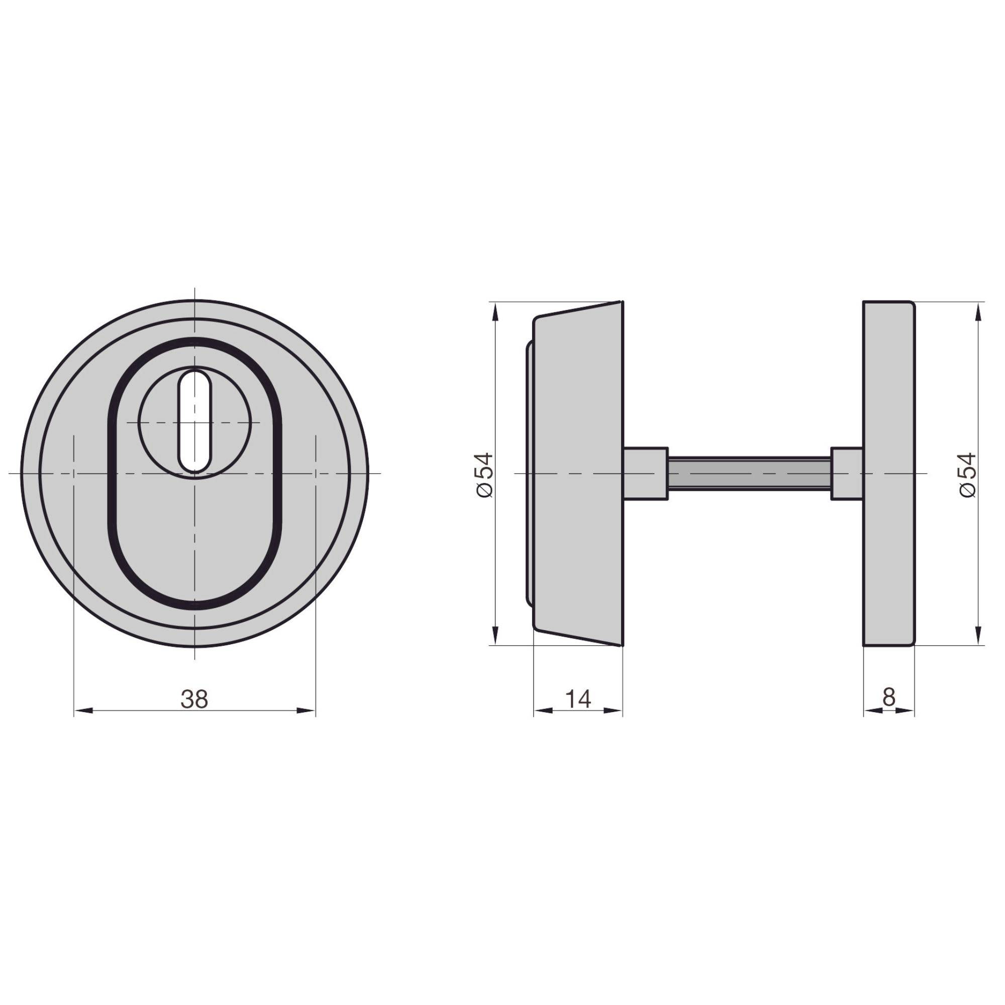 Technische Zeichnung eines runden Türdrehknopfs mit Maßen: 38 mm Durchmesser, 14 mm Tiefe, Gesamtbreite über Stift 54 mm.