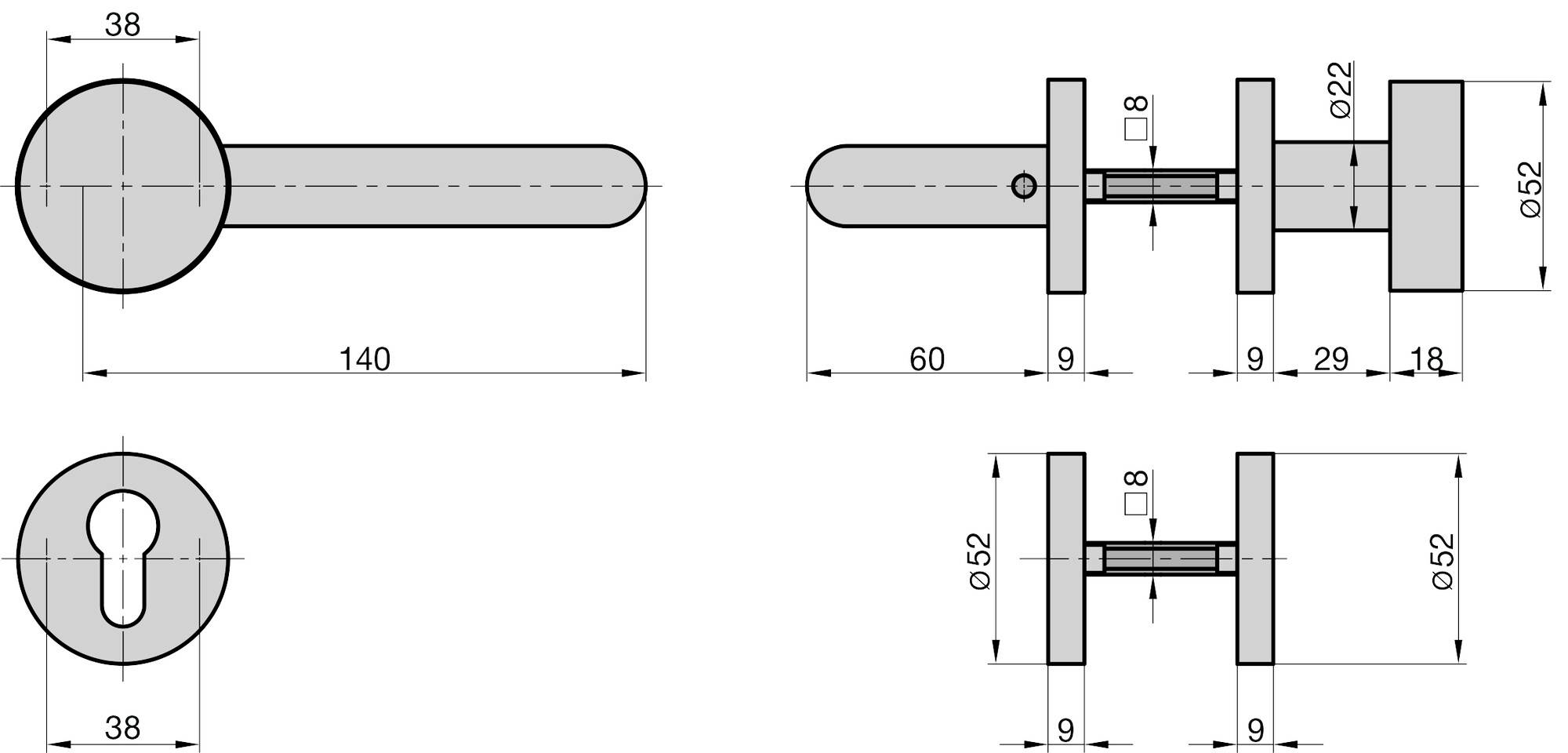 Technische Zeichnung eines Türgriffs mit Maßangaben: Länge 140 mm, Durchmesser 38 mm, Bohrlöcher und Schlüsselöffnung dargestellt.