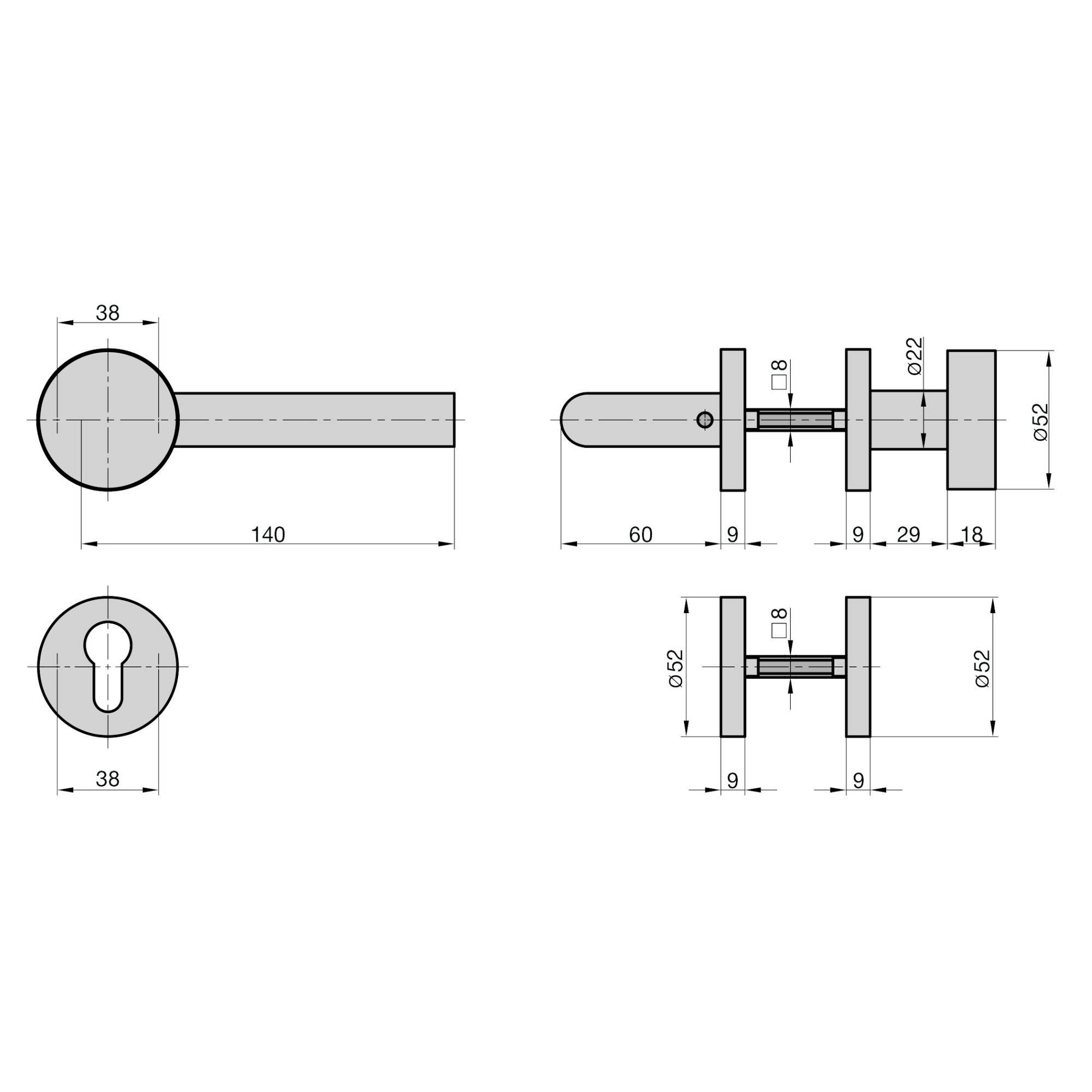 Technische Zeichnung eines Türgriffs mit Maßen: Griffdurchmesser 38 mm, Gesamtlänge 140 mm, Schlüssellochdurchmesser 38 mm.
