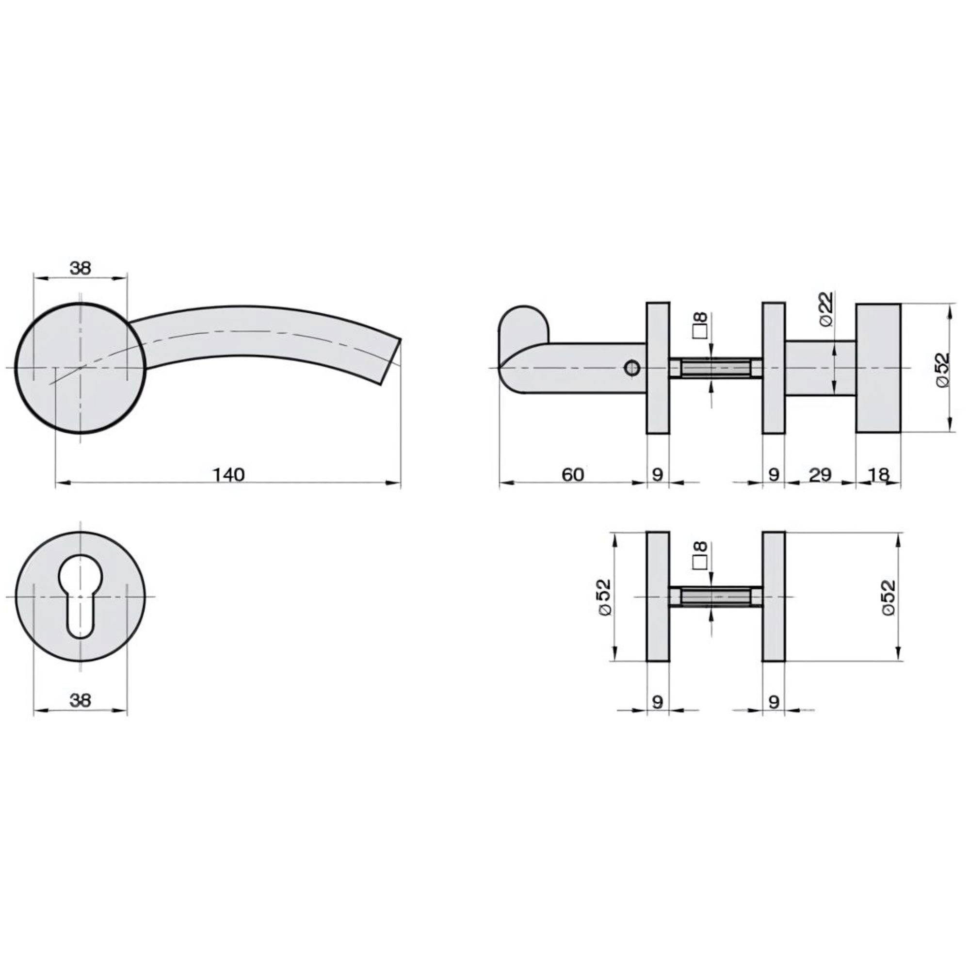 Technische Zeichnung eines Türgriffsatzes mit Maßen: Grifflänge 140 mm, Rosettendurchmesser 38 mm, Achsabstände und Bohrungen angegeben.
