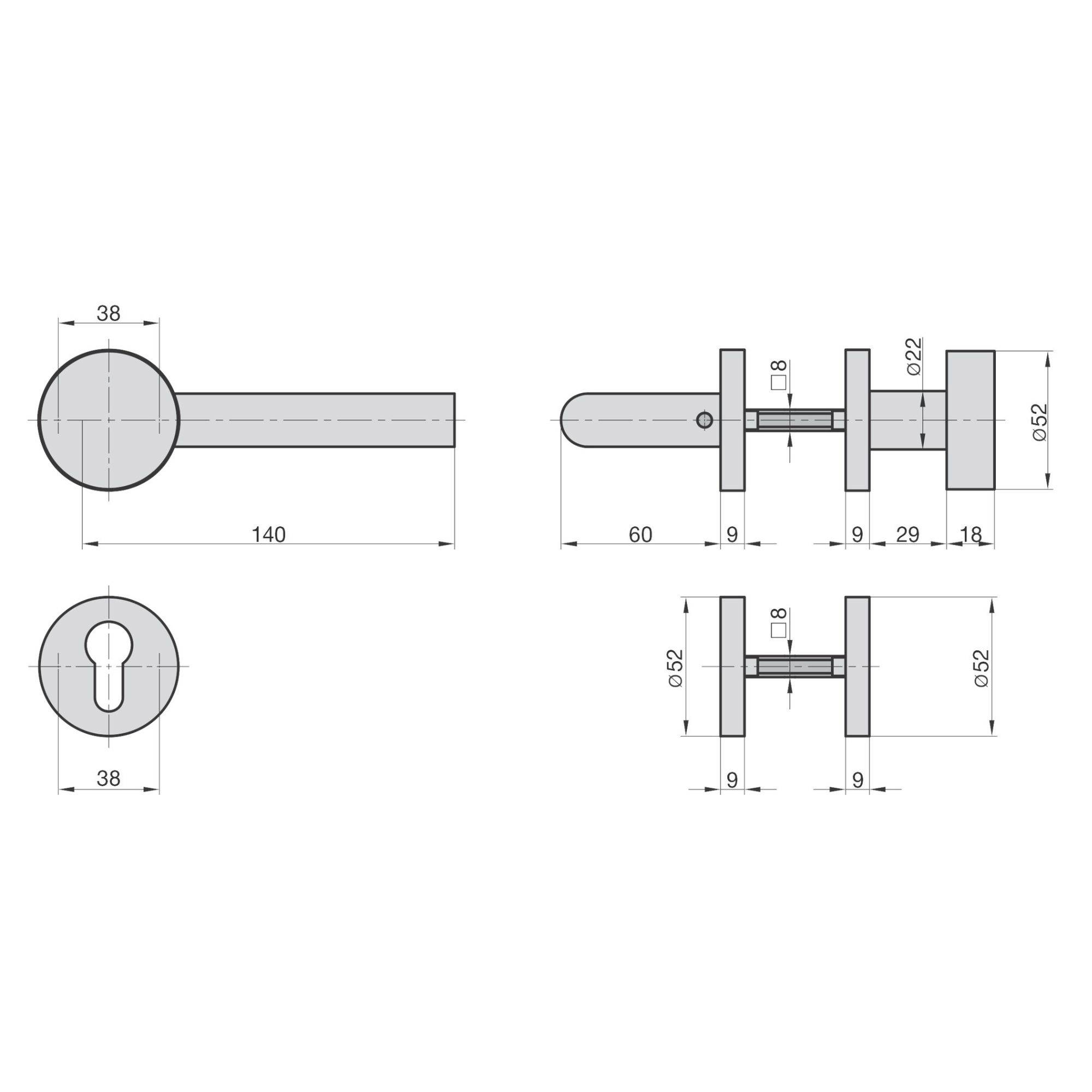 Technische Zeichnung eines Türgriffs mit Maßen: Länge 140 mm, Durchmesser 38 mm. Details zeigen Abstand zur Montage.