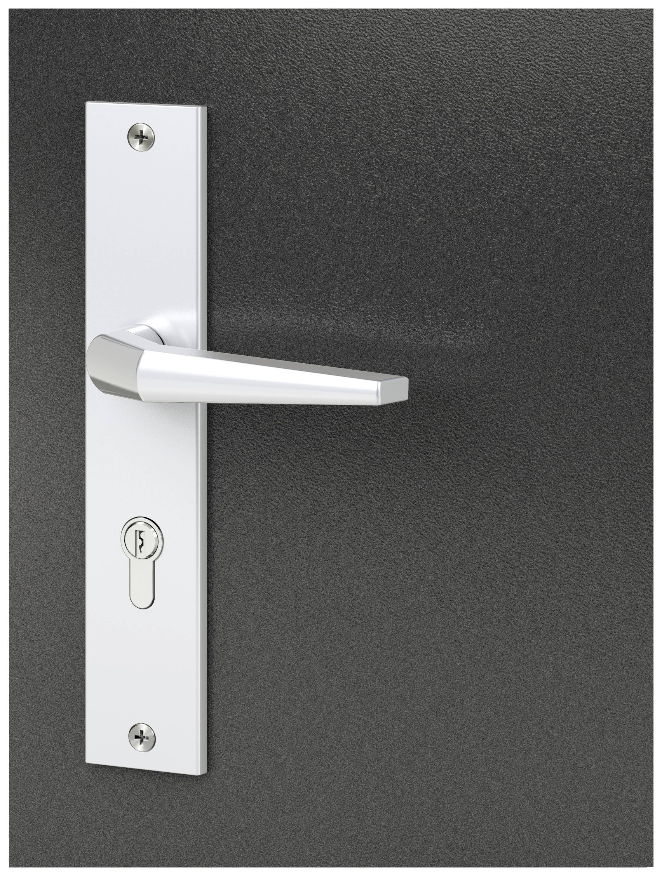 Türklinke mit rechteckiger Edelstahl-Drückerplatte und Schlüsselloch auf einer dunklen Tür.