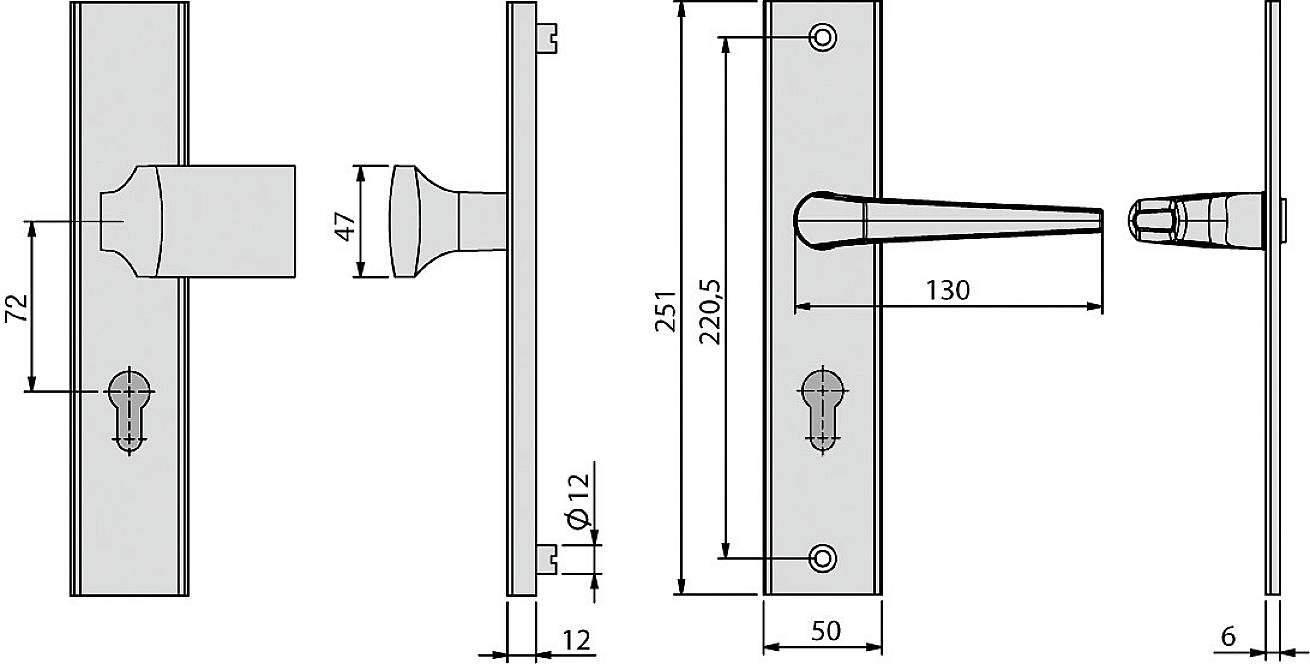Technische Zeichnung eines Türgriffs und einer Türplatte mit genauen Abmessungen in Millimetern, inklusive Bohrlochpositionen.