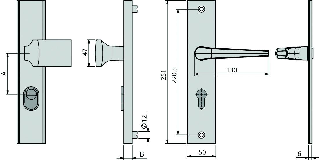 Technische Zeichnung eines Türschlosses mit Griff. Maße: 251 mm Höhe, 50 mm Breite, Griff 130 mm. Seiten- und Vorderansicht enthalten.