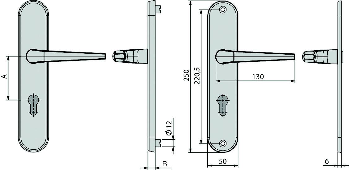 'Technische Zeichnung eines Türgriffs und -schilds mit Maßen: Gesamthöhe 250 mm, Breite 50 mm, Griffhöhe 130 mm.'