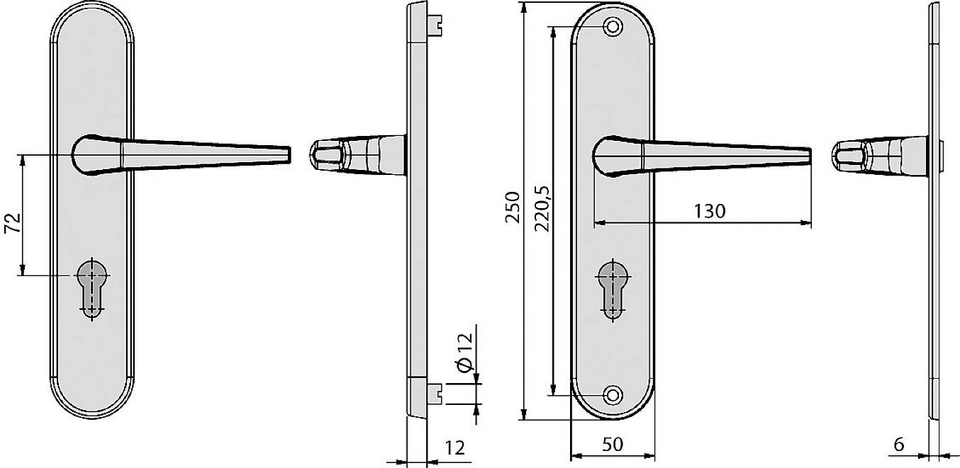 Türgriff-Skizze mit Bemaßungen: Länge 250 mm, Breite 50 mm, Griff 130 mm, Dicke 12 mm. Maße für Türzylinder und Befestigungen sind angegeben.