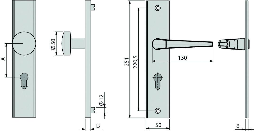 Technische Zeichnung von zwei Türgriffen, einer rund und einer länglich, mit Abmessungen: Höhe 251 mm, Breite 50 mm, Grifflänge 130 mm.