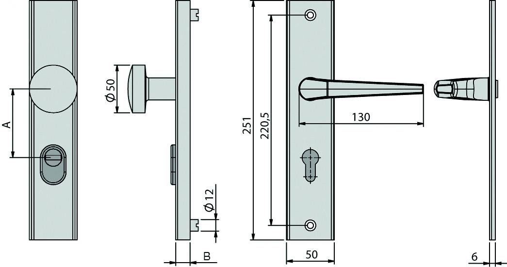 Technische Zeichnung einer Türklinke und eines Türschlosses mit Maßen. Hauptmerkmale: Hebelgriff 130 mm, Schild 251 x 50 mm.