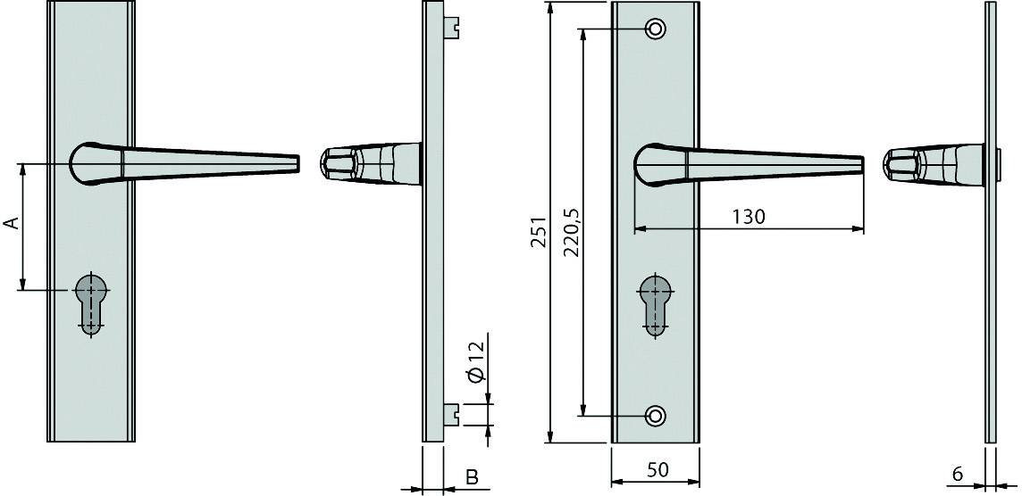Technische Zeichnung eines Türgriffs mit genauen Maßen: Gesamtlänge der Platte: 251 mm, Griff: 130 mm, Abstand der Löcher: 50 mm.