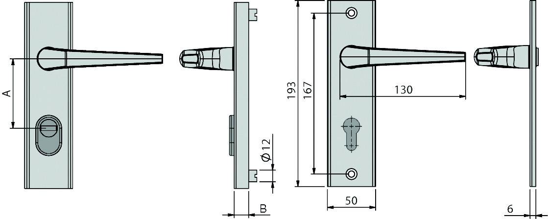 Technische Zeichnungen von Türgriffen mit Maßen: 193 mm Höhe, 50 mm Breite, 167 mm Griff, und 6 mm Platte. Zeigt Front- und Seitenansicht.