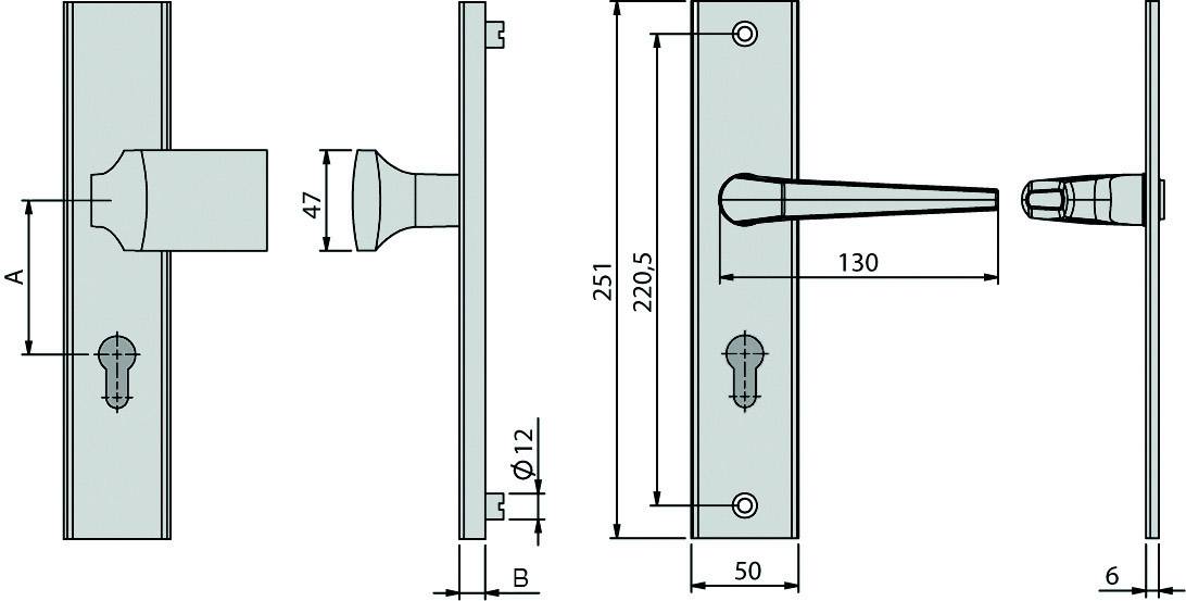 Montagetabelle für Türgriff und Schlüsselloch mit Maßangaben: Höhe 251 mm, Grifflänge 130 mm, Schlüssellochabstand 47 mm.