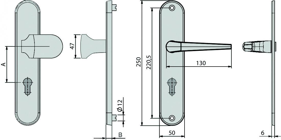 Technische Zeichnung eines Türgriffs mit Maßen: Gesamtlänge 250 mm, Griff 130 mm, Abstände und Durchmesser detailliert angegeben.