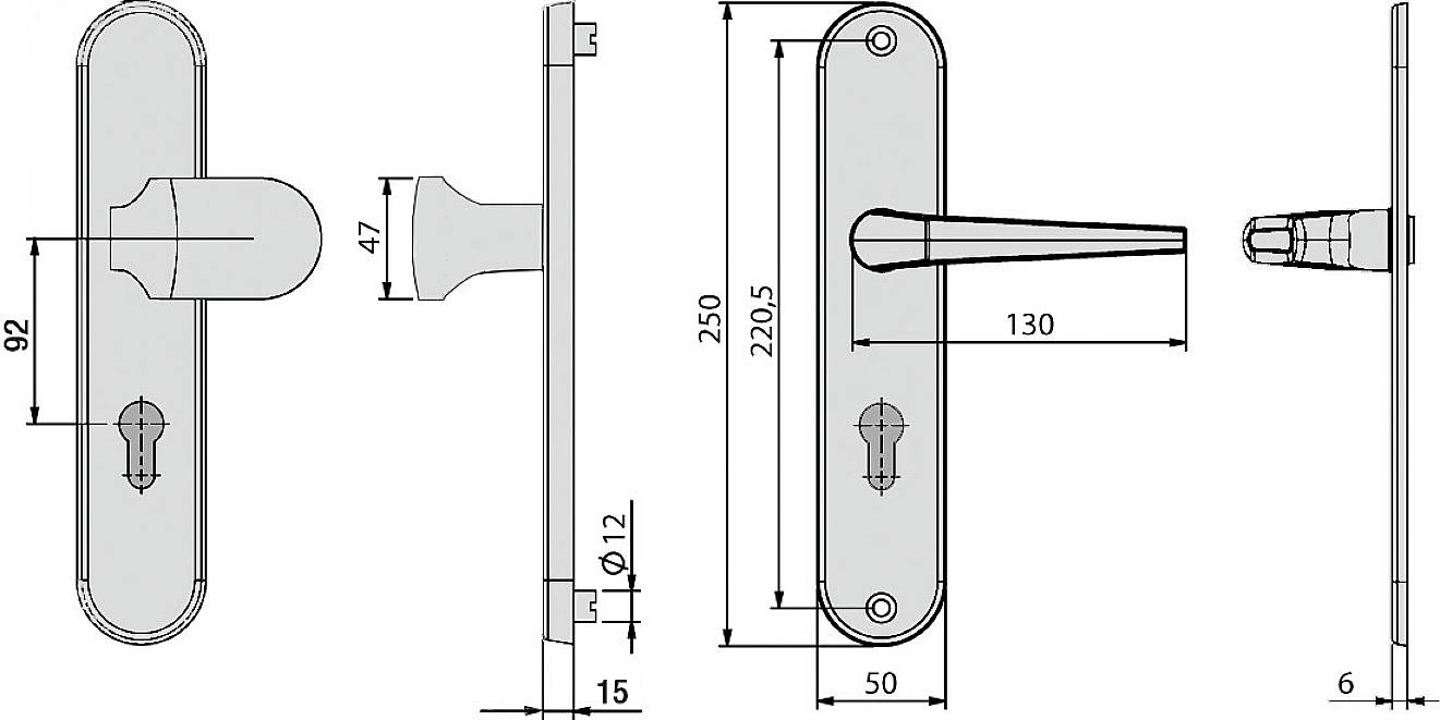 Technische Zeichnung eines Türgriffs mit Maßen: Länge 130 mm, Plattenlänge 250 mm, Lochdurchmesser 12 mm. Seiten- und Frontansicht.
