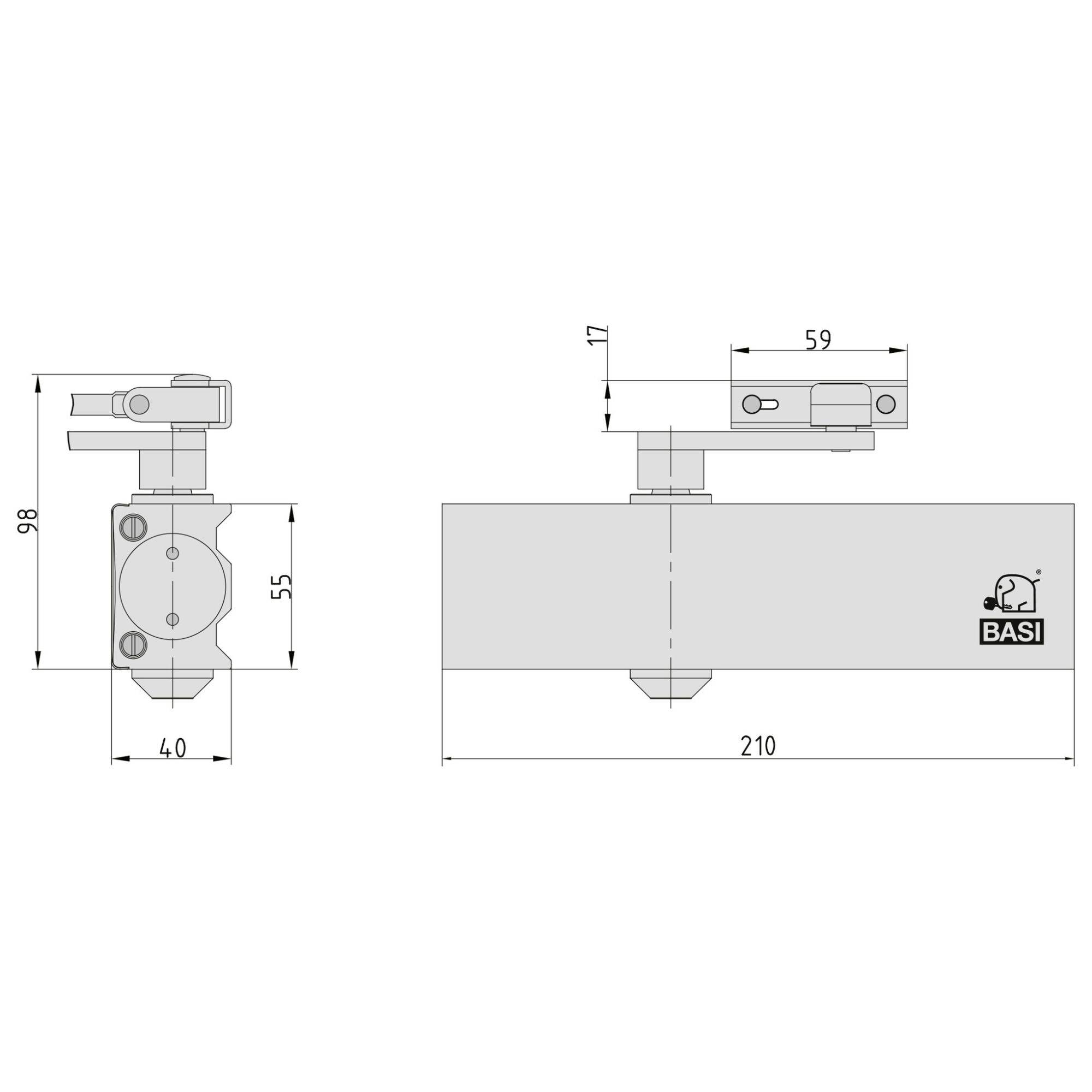 Diagramm des BASI-Türschließers, Seitenansicht rechts: Gesamtlänge 210 mm, Höhe 55 mm, Tiefe 59 mm. Linke Seitenansicht: Tiefe 40 mm, Höhe 98 mm.