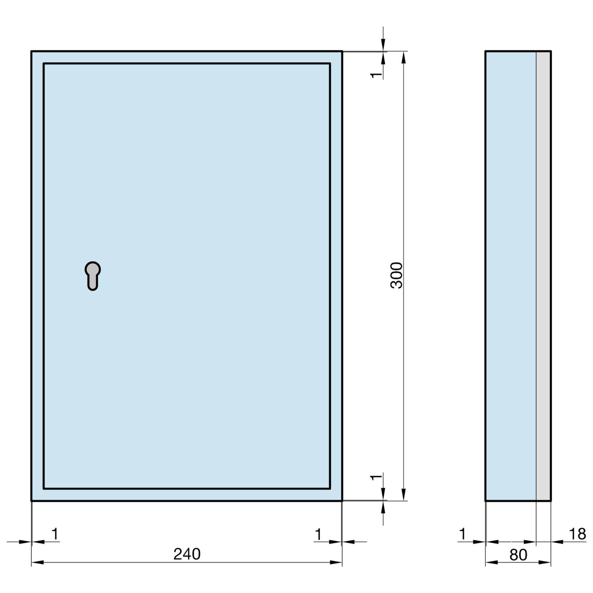 Technische Zeichnung eines rechteckigen Kastens mit Schlüsselloch. Maße: Breite 240 mm, Höhe 300 mm, Tiefe 80 mm. Sicht von vorne und der Seite.