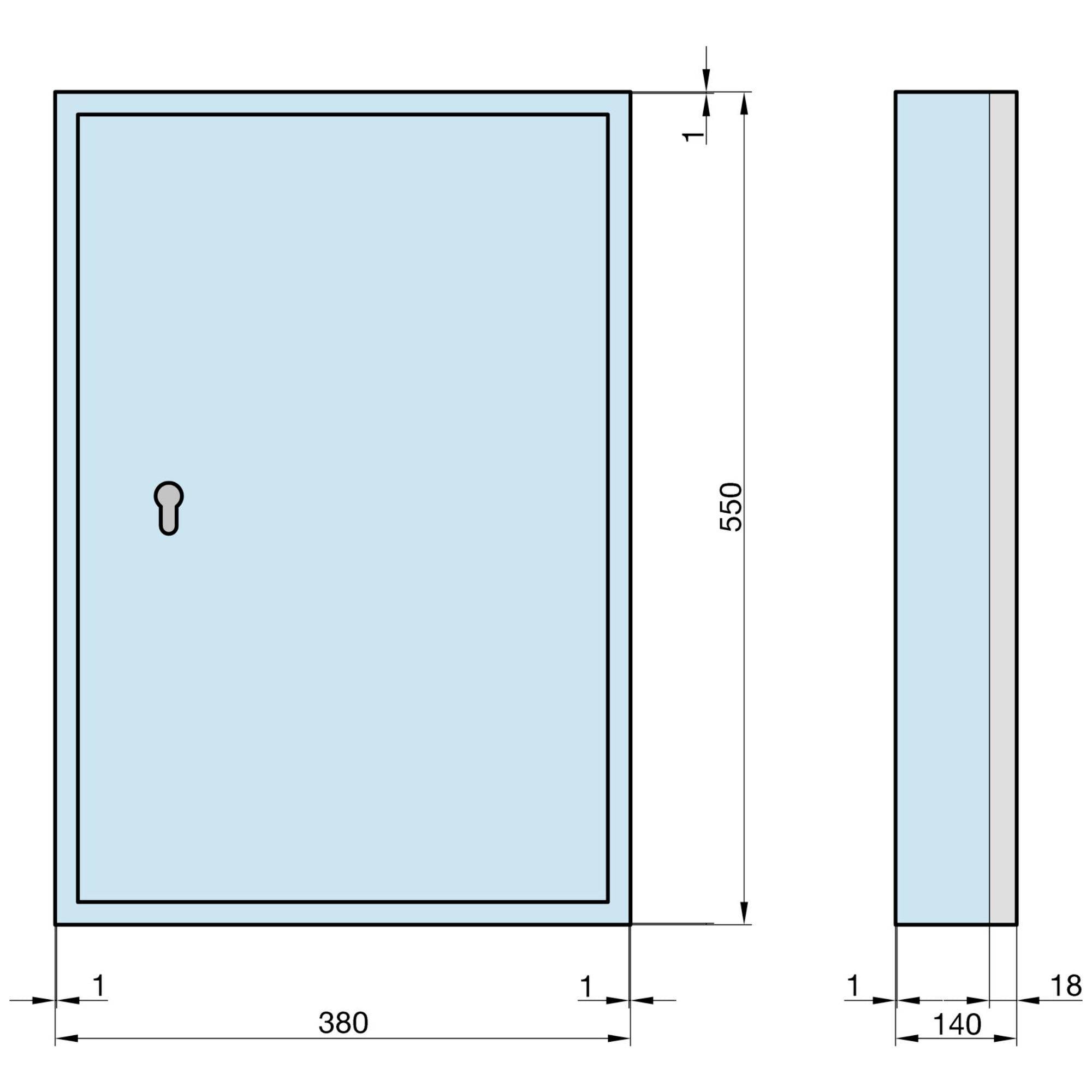 'Abbildung eines blauen Schaltkastens mit Abmessungen: 550 mm hoch, 380 mm breit, und 140 mm tief. Ansicht von vorne und von der Seite.'