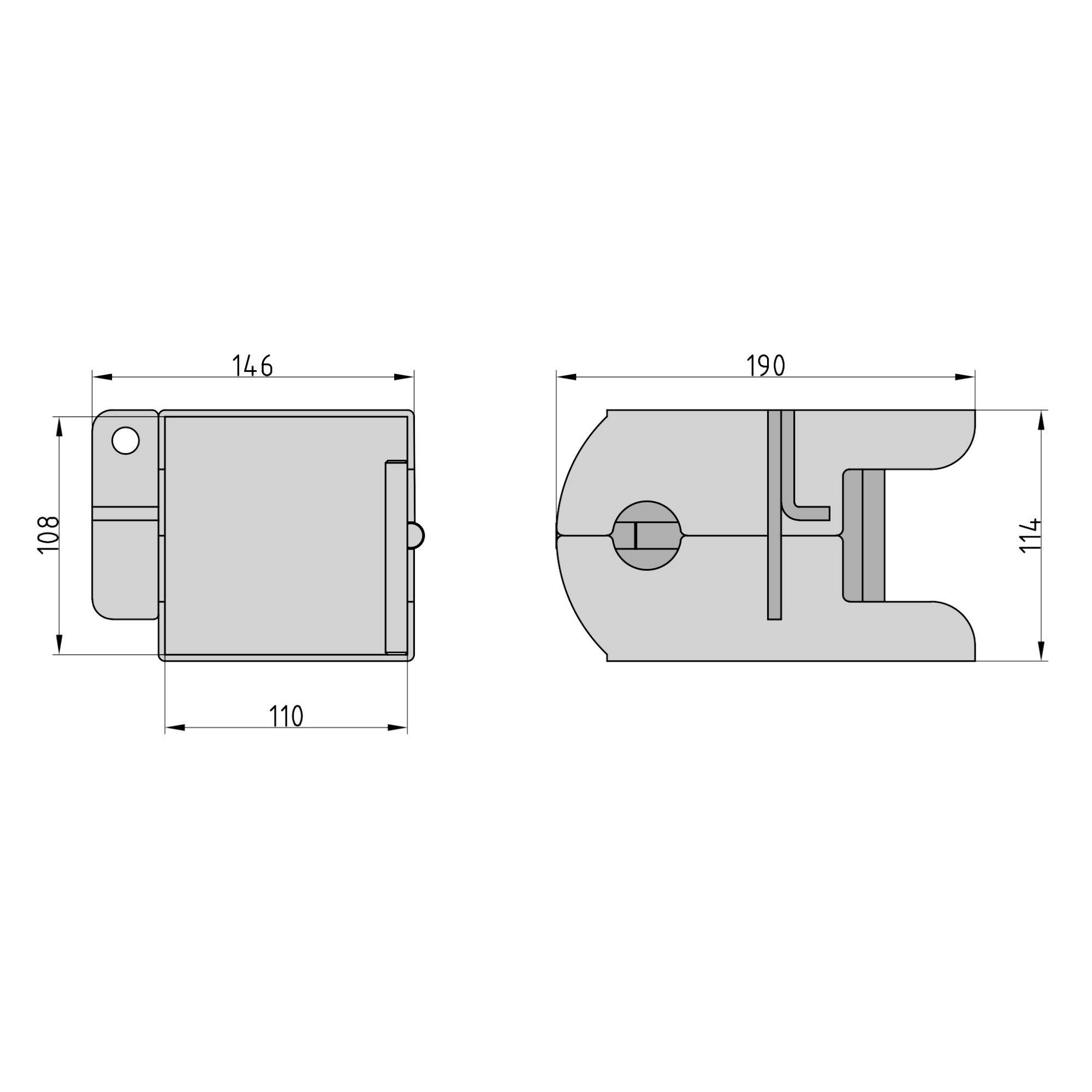 Technische Zeichnung einer mechanischen Komponente mit beschrifteten Abmessungen: 108, 110, 146, 190 und 114. Zwei Ansichten zeigen sowohl die Vorder- als auch die Seitenansicht.