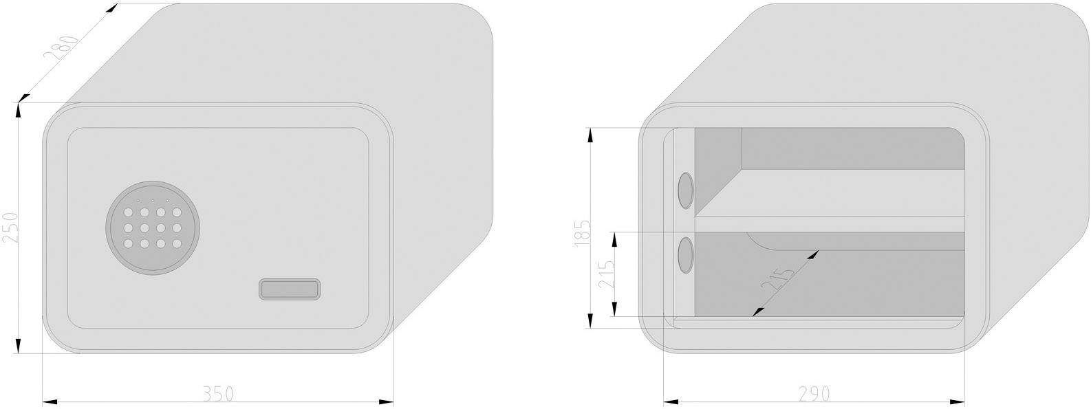Abbildung eines kleinen Tresors. Links: Verschlussseite mit Drehknopf. Rechts: geöffneter Tresor mit einer Ablagefläche innen. Maße sind angegeben.