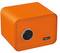 Ein orangefarbener Tresor mit elektronischem Zahlenschloss, geeignet zur sicheren Aufbewahrung von Wertsachen.