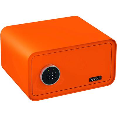 Ein orangefarbener Tresor mit einem digitalen Zahlenschloss an der Vorderseite. Er hat ein modernes, glattes Design.