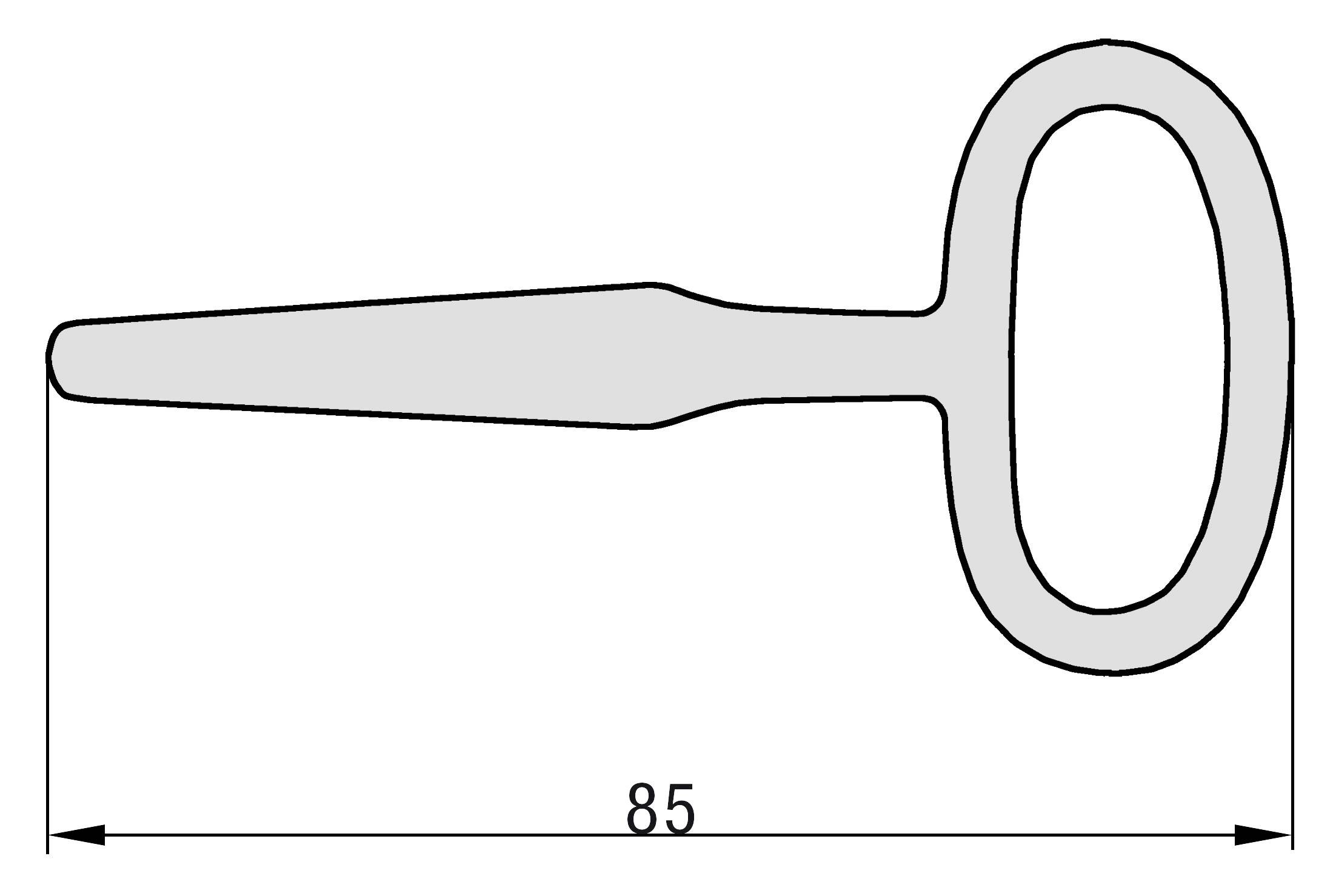 Zeichnung eines objekts in Form eines Schlüssels, waagerecht ausgerichtet. Die untere Linie zeigt eine Länge von 85 mm an.