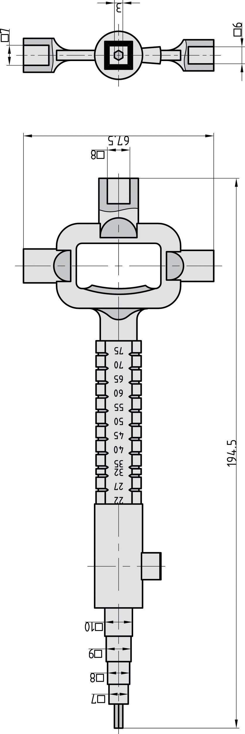 Technische Zeichnung eines mechanischen Teils mit Maßen in Millimetern, Front- und Seitenansicht zu sehen, zeigt präzise Details.