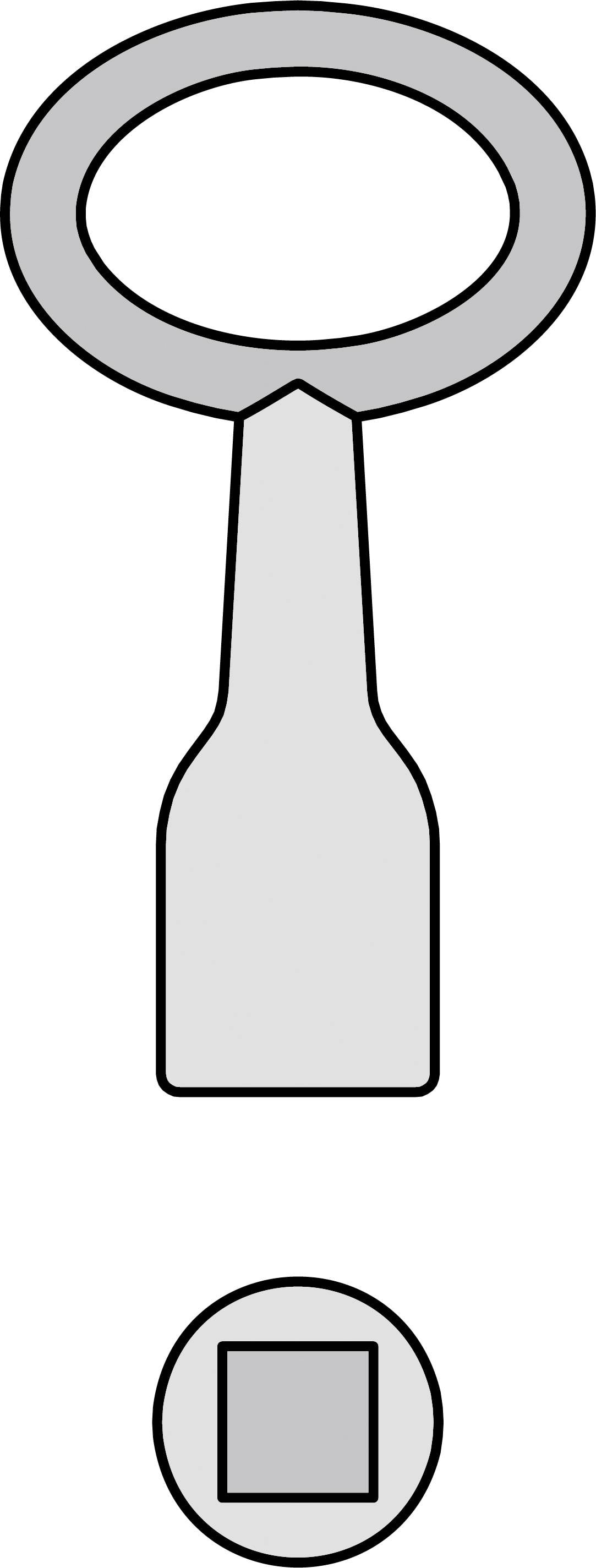 Illustration einer Entriegelungsvorrichtung mit kreisförmigem Griff und rechteckiger Basis, darunter ein symbolhafter Knopf.