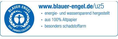 Das Bild zeigt das 'Blauer Engel'-Umweltzeichen. Text: 'energie- und wassersparend hergestellt, aus 100% Altpapier, besonders schadstoffarm'.