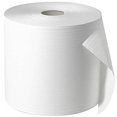 Eine große Rolle weißes Papierhandtuch, teilweise abgerollt, vor einem neutralen Hintergrund.