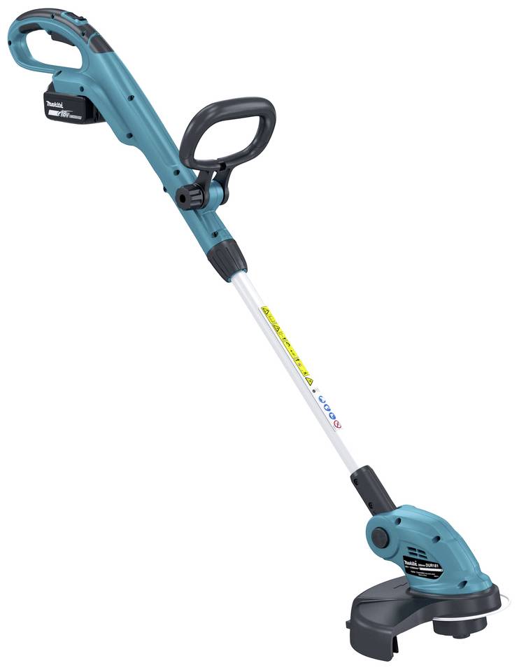 Ein blauer elektrischer Rasentrimmer mit einem langen Griff und einem schwarz-schwarzem Schutz.