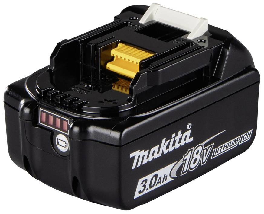 Ein schwarzer Makita 18V Lithium-Ionen-Akku mit einer Kapazität von 3,0 Ah. Ein Indikator zeigt den Ladezustand an.