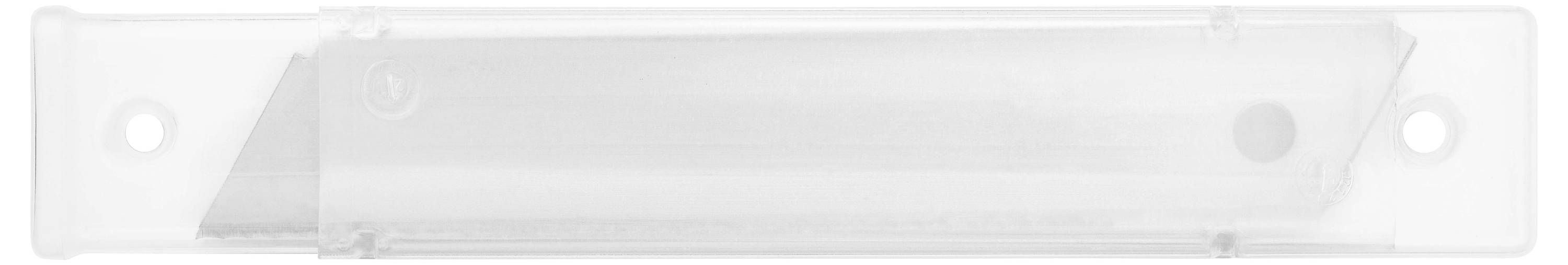 Ein silbernes Teppichmesser mit ausfahrbarer Klinge liegt in einer transparenten Schutzhülle.