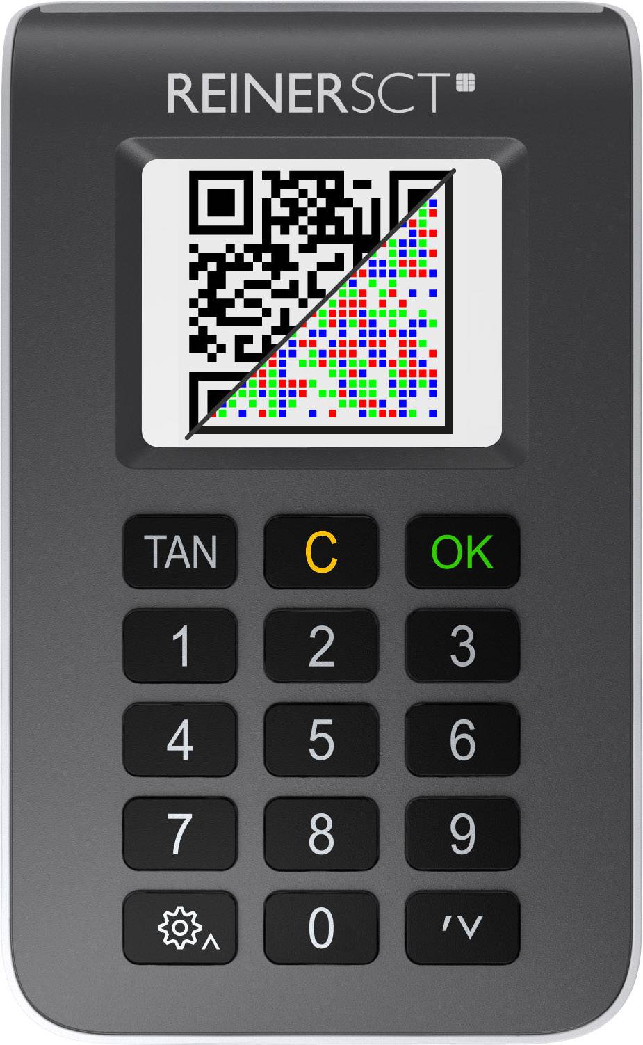 Schwarzer TAN-Generator mit Tastenfeld und kleinem Bildschirm, der einen QR-Code anzeigt. Oben das Logo der Marke REINER SCT.