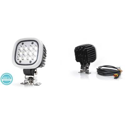 'LED-Arbeitsleuchte': Zwei Ansichten der Leuchte, vorne mit 16 LEDs und hinten mit Kühlrippen. Rechts ist ein Kabel zu sehen.