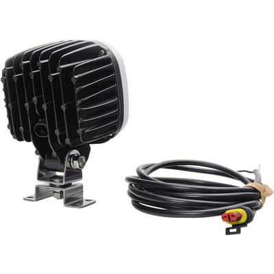 Schwarz-weißer LED-Arbeitsstrahler mit Kabel und Stecker, geeignet für den Einsatz in Fahrzeugen oder Maschinen.