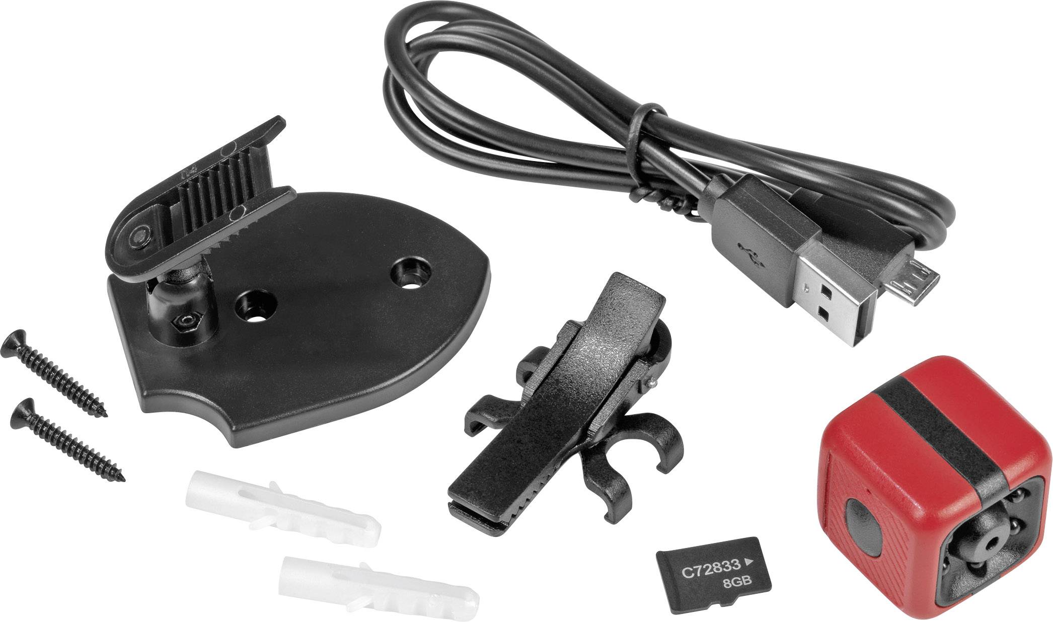 Rote Würfelkamera mit USB-Kabel, zwei Halterungen, 8GB-Speicherkarte, Schrauben und Dübel. Geeignet zur Montage und Aufnahme.