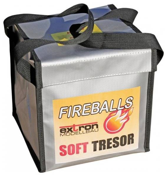 Eine silberne Tasche mit schwarzen Griffen, auf der 'FIREBALLS extron Modellbau SOFT TRESOR' steht.