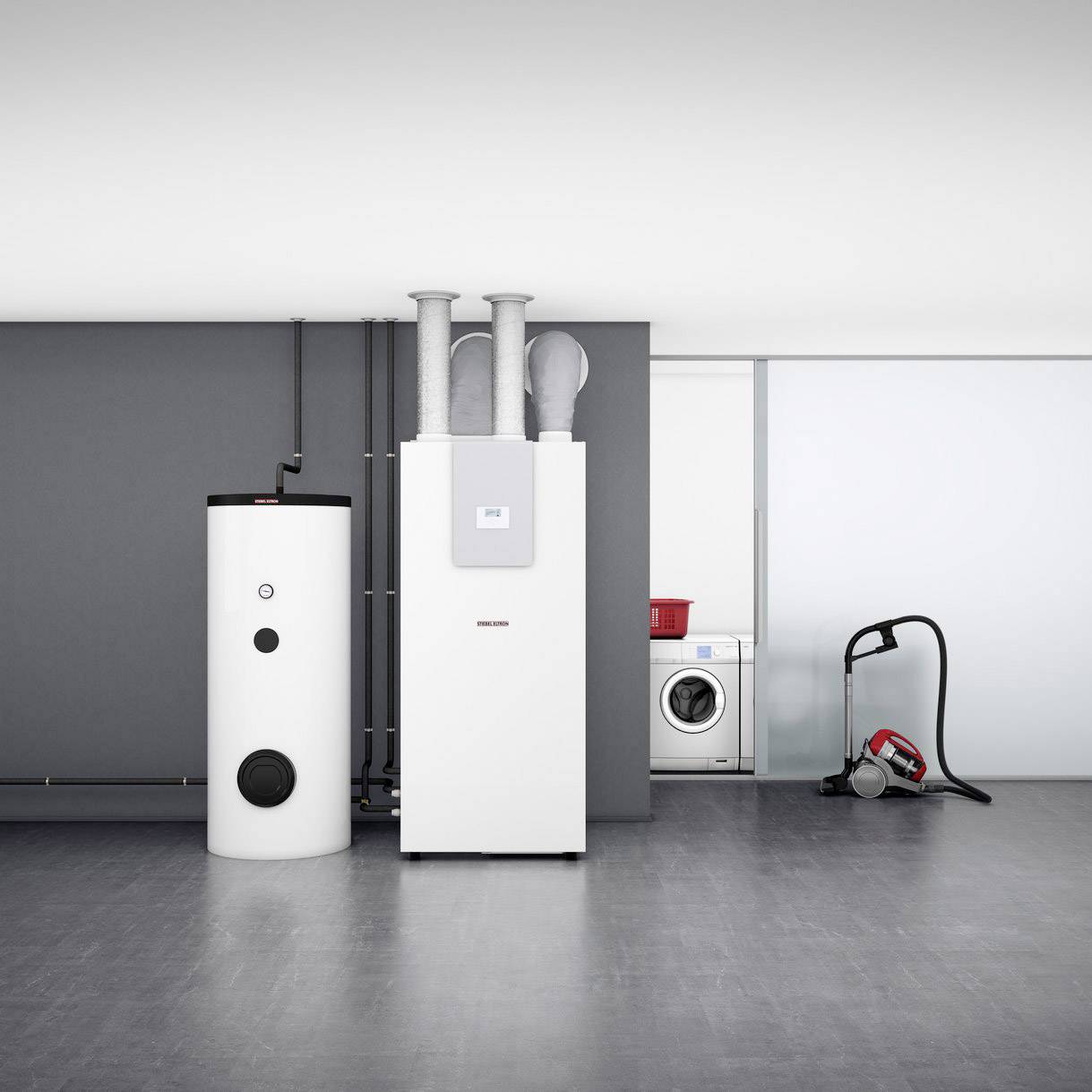 Heizungsanlage in modernem Keller mit Wärmepumpe, Speicher und Waschmaschine. Sauber und gut organisiert.