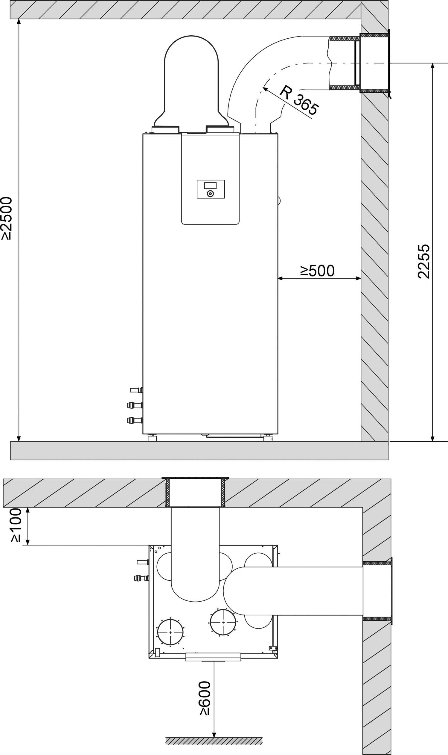 Einbauzeichnung eines Heizgeräts in einem Raum. Maße: Gerät zwischen Boden und Decke ≥2500 mm, Abstand zur Wand ≥500 mm, Rohrdurchmesser Ø60/100 mm.