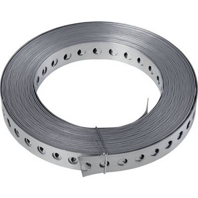 Eine Rolle verzinktes Lochband aus Metall, dicht aufgerollt, mit gestanzten Löchern entlang der Mitte, verwendet für Befestigungen.
