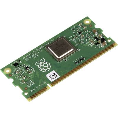 Grüne Raspberry Pi Compute Module 3+ Platine mit Chip, Pins und aufgedrucktem Raspberry-Logo.