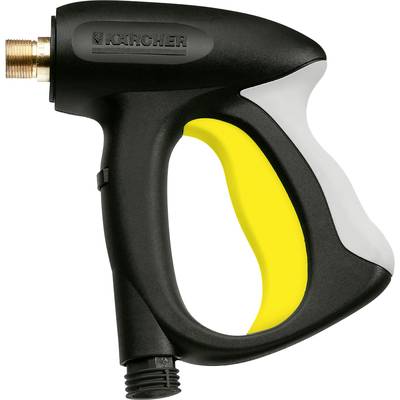Hochdruckreiniger-Pistolen-Griff, schwarz-gelb mit Messinganschluss, ergonomisches Design für komfortables und sicheres Arbeiten.