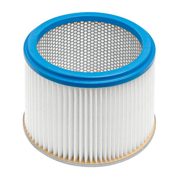 Runder, weißer Filter mit blauen Rändern und gelochter Innenwand, geeignet für Luftreinigung oder Staubsauger.