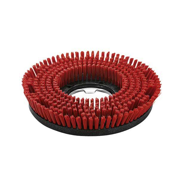 Roter Schleifteller mit Borsten in kreisförmiger Anordnung; geeignet für Oberflächenreinigung und Schleifen.