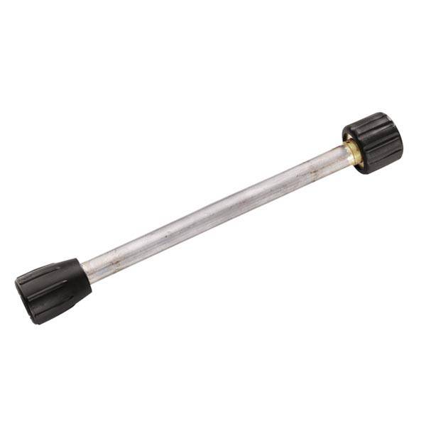 Metallstange mit schwarzen Schraubverschlüssen an beiden Enden, möglicherweise Teil eines mechanischen Geräts oder Werkzeugs.
