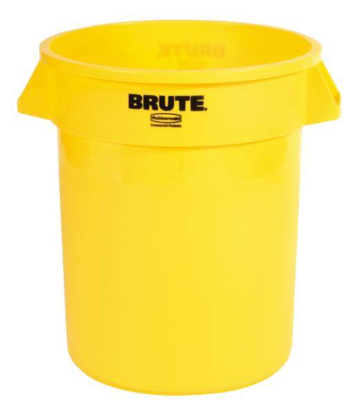 Gelber Kunststoff-Mülleimer mit der Aufschrift 'BRUTE' auf der Vorderseite.