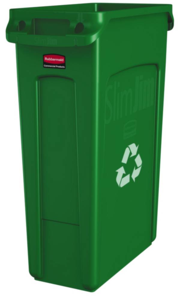 Abfalleimer SLIM JIM® Volumen 87 l mit Lüftungskanälen grün mit Recyclingsymbol. Vepa Bins Groothandel B.V.