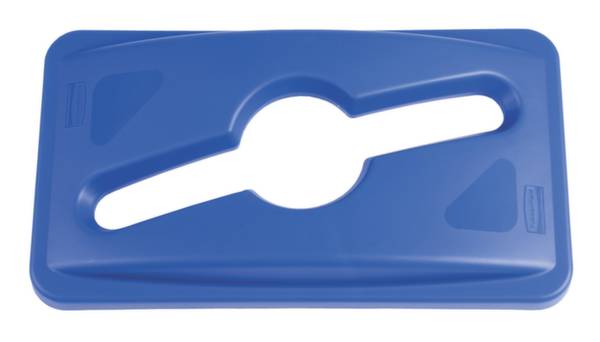 Blauer Mülleimerdeckel mit ovalem Loch in der Mitte zur Mülltrennung, passend für runde Container.